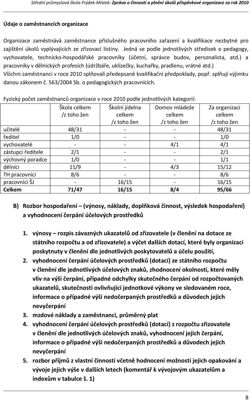 ) a pracovníky v dělnických profesích (údržbáře, uklízečky, kuchařky, pradlenu, vrátné atd.) Všichni zaměstnanci v roce 2010 splňovali předepsané kvalifikační předpoklady, popř.