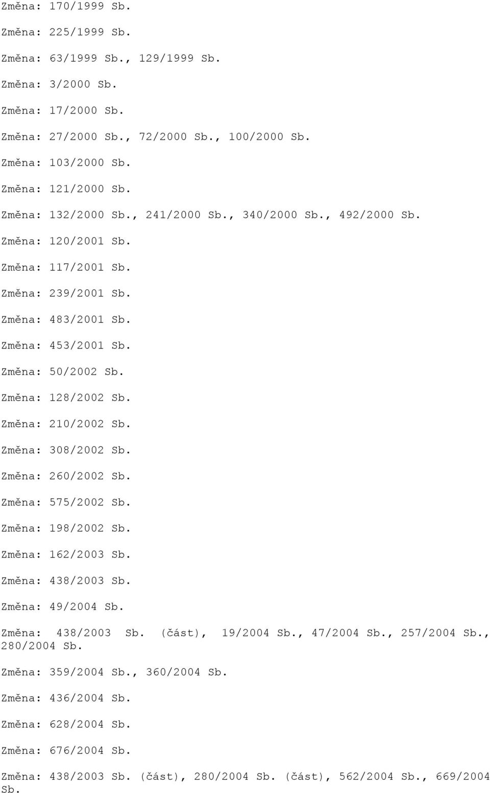 Změna: 210/2002 Sb. Změna: 308/2002 Sb. Změna: 260/2002 Sb. Změna: 575/2002 Sb. Změna: 198/2002 Sb. Změna: 162/2003 Sb. Změna: 438/2003 Sb. Změna: 49/2004 Sb. Změna: 438/2003 Sb. (část), 19/2004 Sb.
