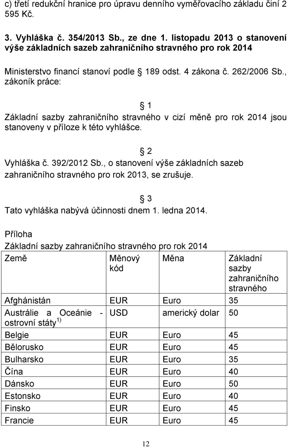 , zákoník práce: 1 Základní sazby zahraničního stravného v cizí měně pro rok 2014 jsou stanoveny v příloze k této vyhlášce. 2 Vyhláška č. 392/2012 Sb.