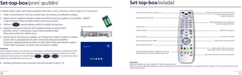 Modem provádí autotest, který trvá asi minutu. 3. Tlačítkem nastavte dálkový ovladač na ovládání set-top-boxu. 4. Zapojte set-top-box do elektrické sítě.