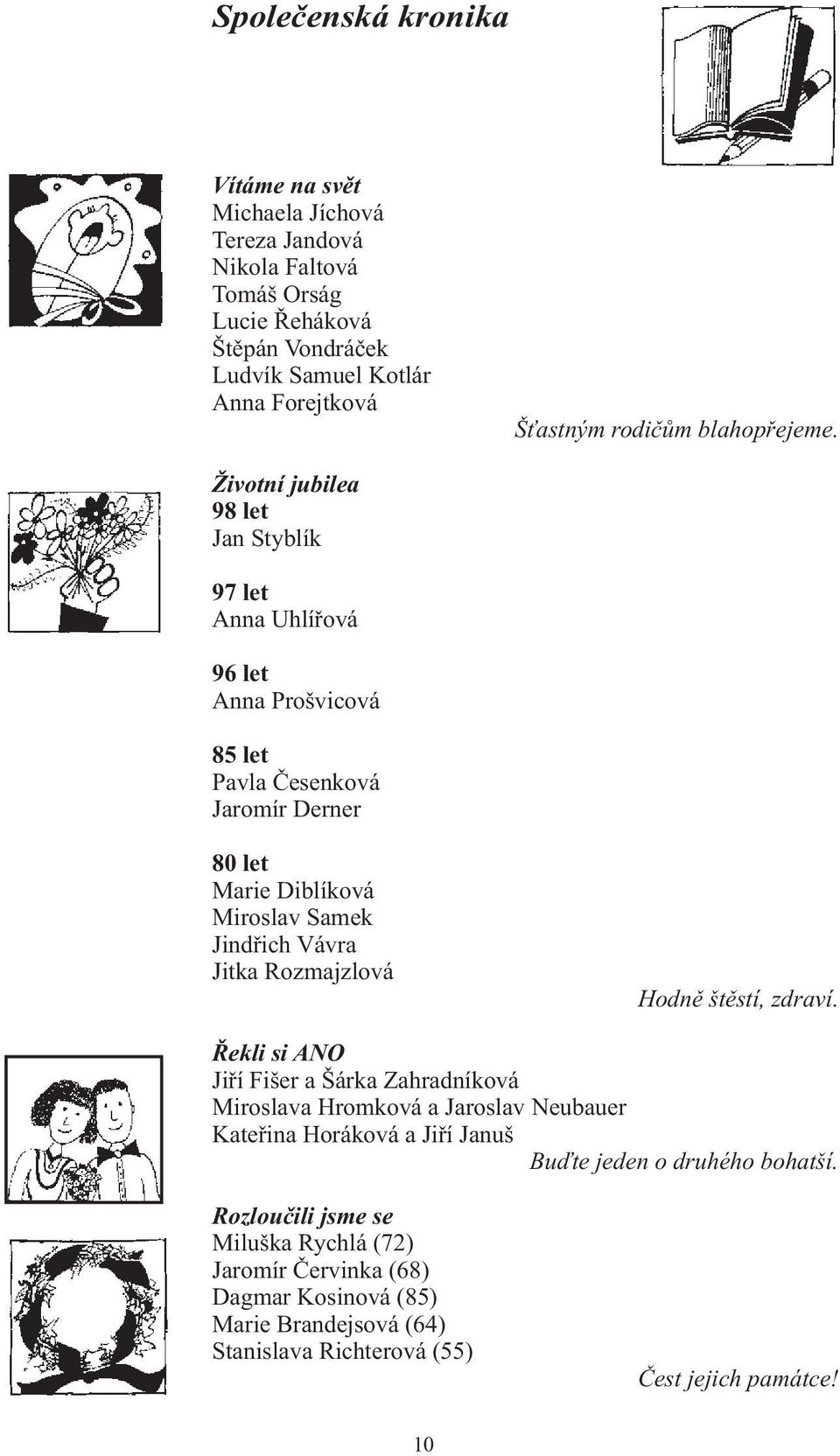 Životní jubilea 98 let Jan Styblík 97 let Anna Uhlířová 96 let Anna Prošvicová 85 let Pavla Česenková Jaromír Derner 80 let Marie Diblíková Miroslav Samek Jindřich Vávra Jitka