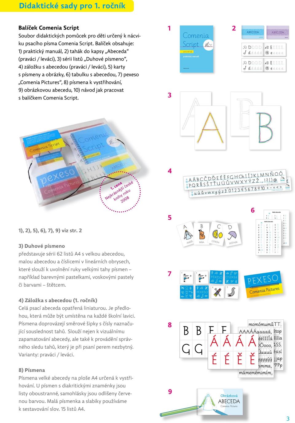 pexeso Comenia Pictures, 8) písmena k vystřihování, 9) obrázkovou abecedu, 0) návod jak pracovat s balíčkem Comenia Script.
