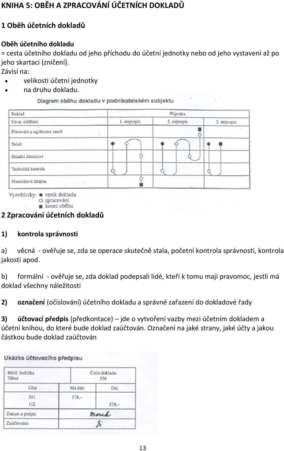 2 Zpracování účetních dokladů 1) kontrola správnosti a) věcná - ověřuje se, zda se operace skutečně stala, početní kontrola správnosti, kontrola jakosti apod.