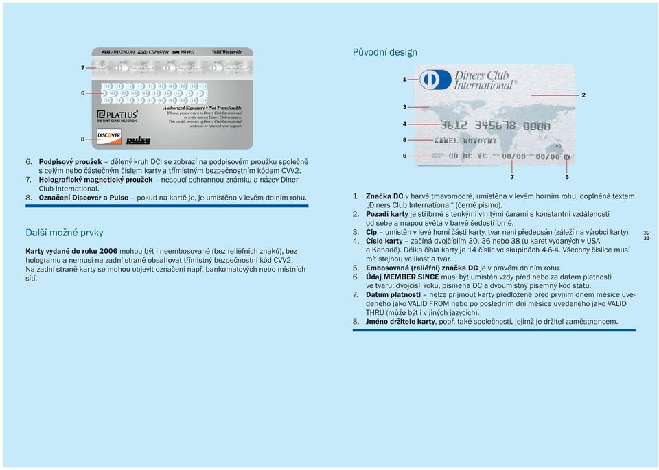 Holografický magnetický proužek nesoucí ochrannou známku a název Diner Club International. 8. Označení Discover a Pulse pokud na kartě je, je umístěno v levém dolním rohu.