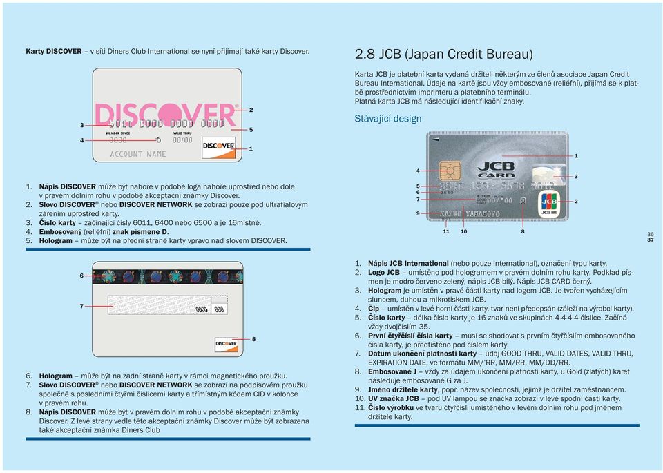 Údaje na kartě jsou vždy embosované (reliéfní), přijímá se k platbě prostřednictvím imprinteru a platebního terminálu. Platná karta JCB má následující identifikační znaky. Stávající design 1 1.