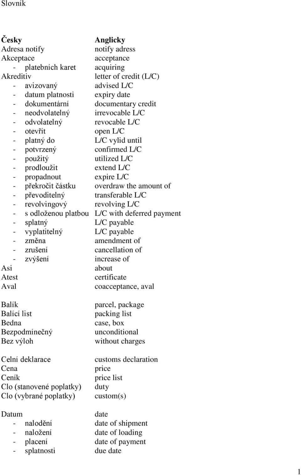 prodloužit extend L/C - propadnout expire L/C - překročit částku overdraw the amount of - převoditelný transferable L/C - revolvingový revolving L/C - s odloženou platbou L/C with deferred payment -