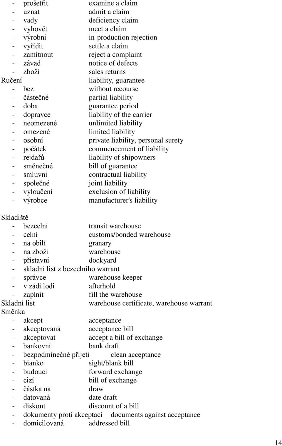 unlimited liability - omezené limited liability - osobní private liability, personal surety - počátek commencement of liability - rejdařů liability of shipowners - směnečné bill of guarantee -