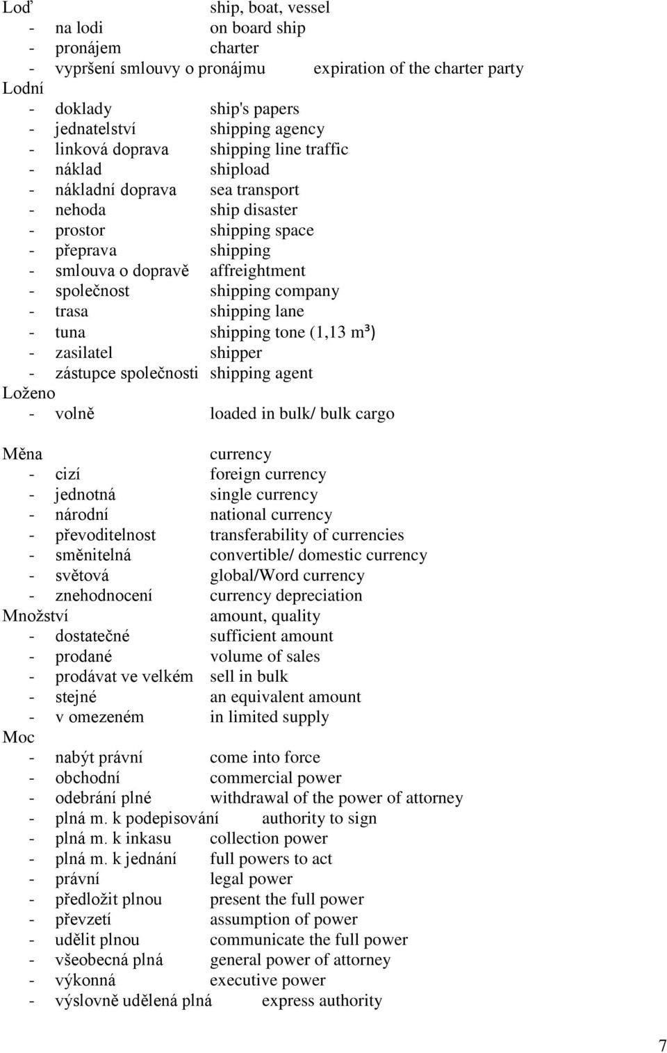 shipping company - trasa shipping lane - tuna shipping tone (1,13 m³) - zasilatel shipper - zástupce společnosti shipping agent Loženo - volně loaded in bulk/ bulk cargo Měna currency - cizí foreign