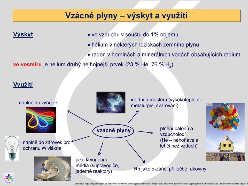 vlákna vzácné plyny jako kryogenní média (supravodiče, jaderné reaktory) plnění balónů a vzducholodí (He nehořlavé a lehčí než vzduch) Rn jako α-zářič při léčbě rakoviny