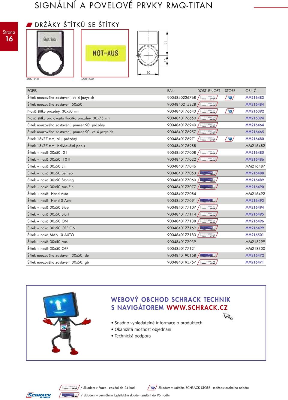 tlačítka prázdný, 30x75 mm 9004840176650 MM216394 Štítek nouzového zastavení, průměr 90, prázdný 9004840176940 MM216464 Štítek nouzového zastavení, průměr 90, ve 4 jazycích 9004840176957 MM216465