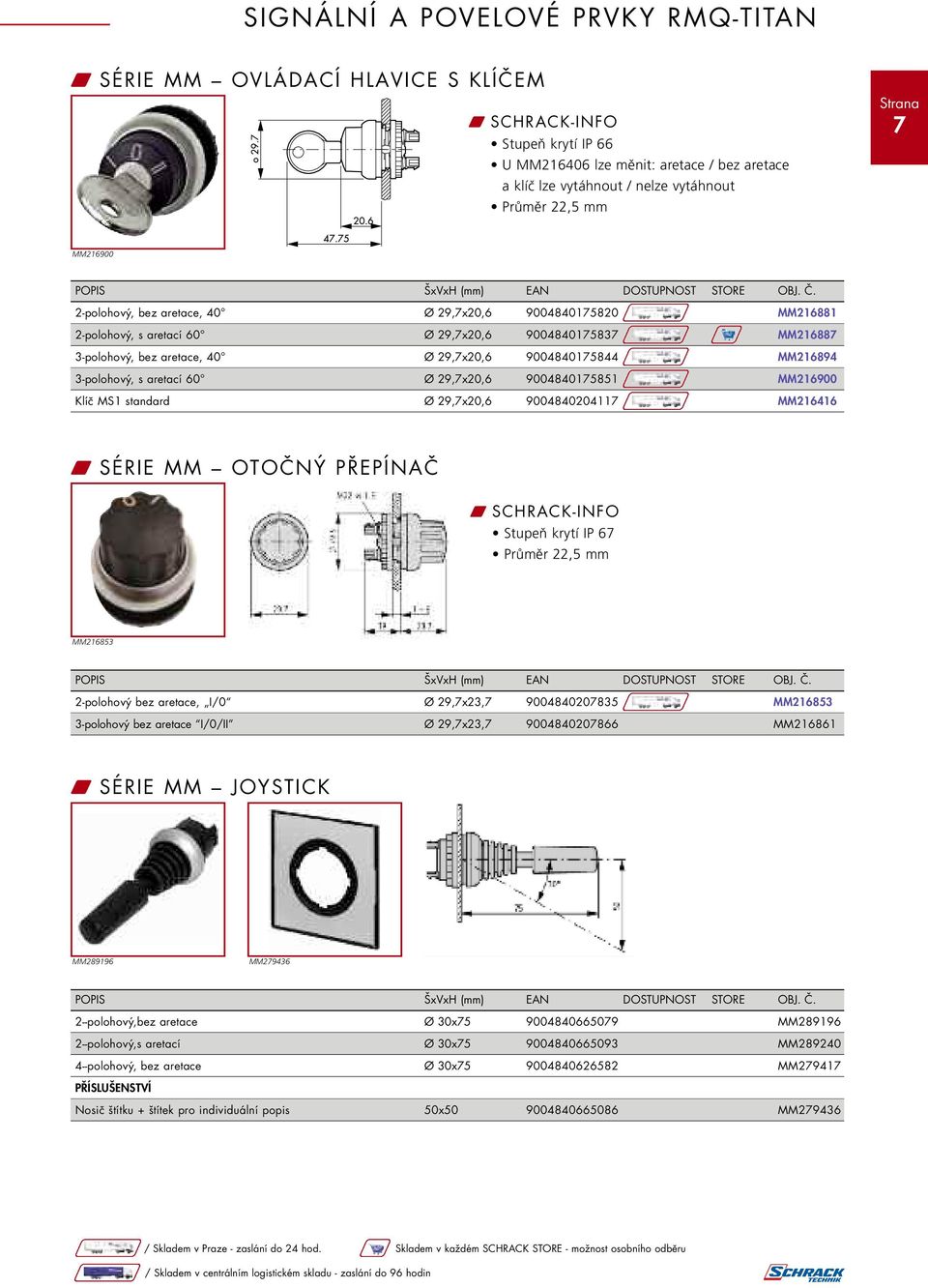 MM216900 Klíč MS1 standard Ø 29,7x20,6 9004840204117 MM216416 W SÉRIE MM OTOČNÝ PŘEPÍNAČ Stupeň krytí IP 67 MM216853 2-polohový bez aretace, I/0 Ø 29,7x23,7 9004840207835 MM216853 3-polohový bez