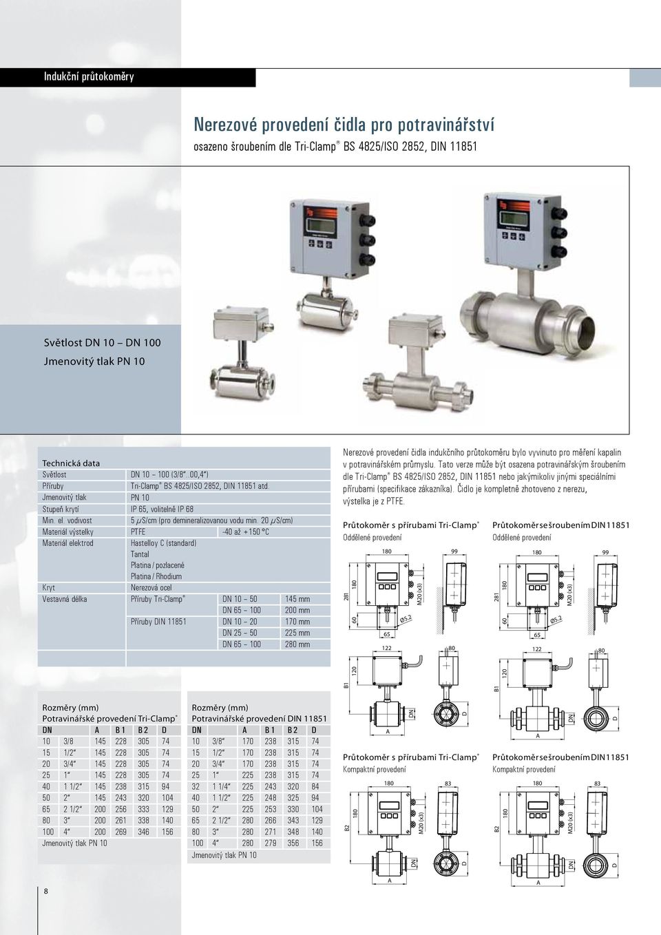 20 μs/cm) Materiál výstelky PTFE -40 až +150 C Materiál elektrod Hastelloy C (standard) Tantal Platina / pozlacené Platina / Rhodium Kryt Nerezová ocel Vestavná délka Příruby Tri-Clamp DN 10 50 145