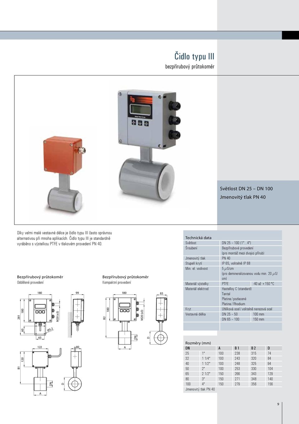 Bezpřírubový průtokoměr Oddělené provedení 281 180 180 M20 (x3) 99 Bezpřírubový průtokoměr Kompaktní provedení 60 B2 180 180 M20 (x3) 83 Technická data Světlost DN 25 100 (1.