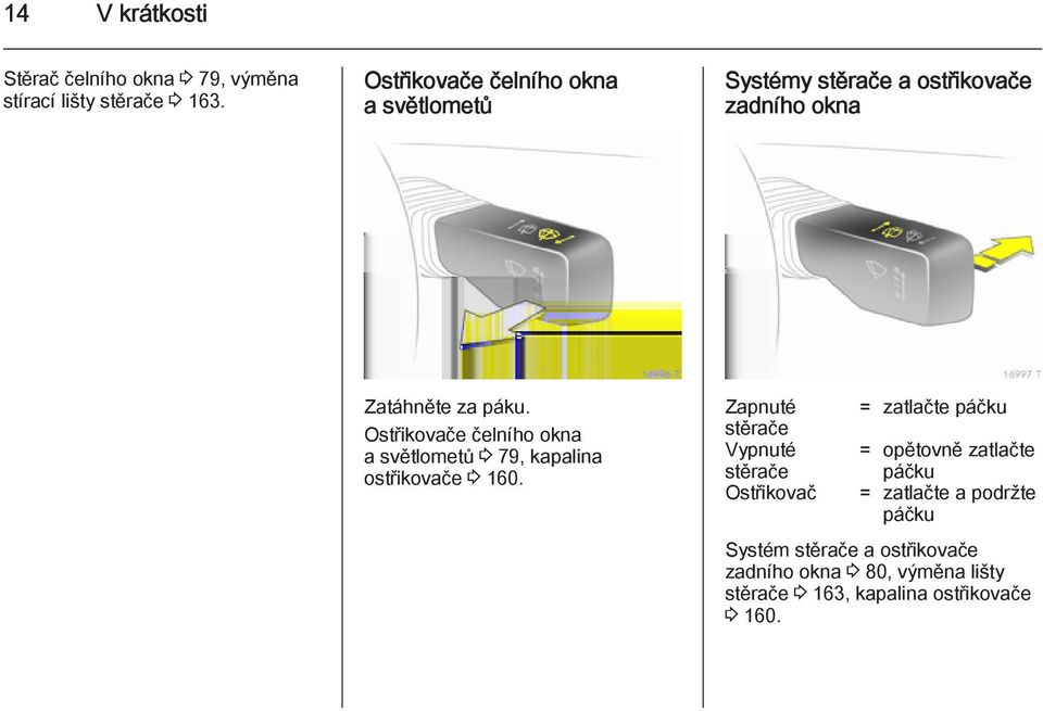 Ostřikovače čelního okna a světlometů 3 79, kapalina ostřikovače 3 160.