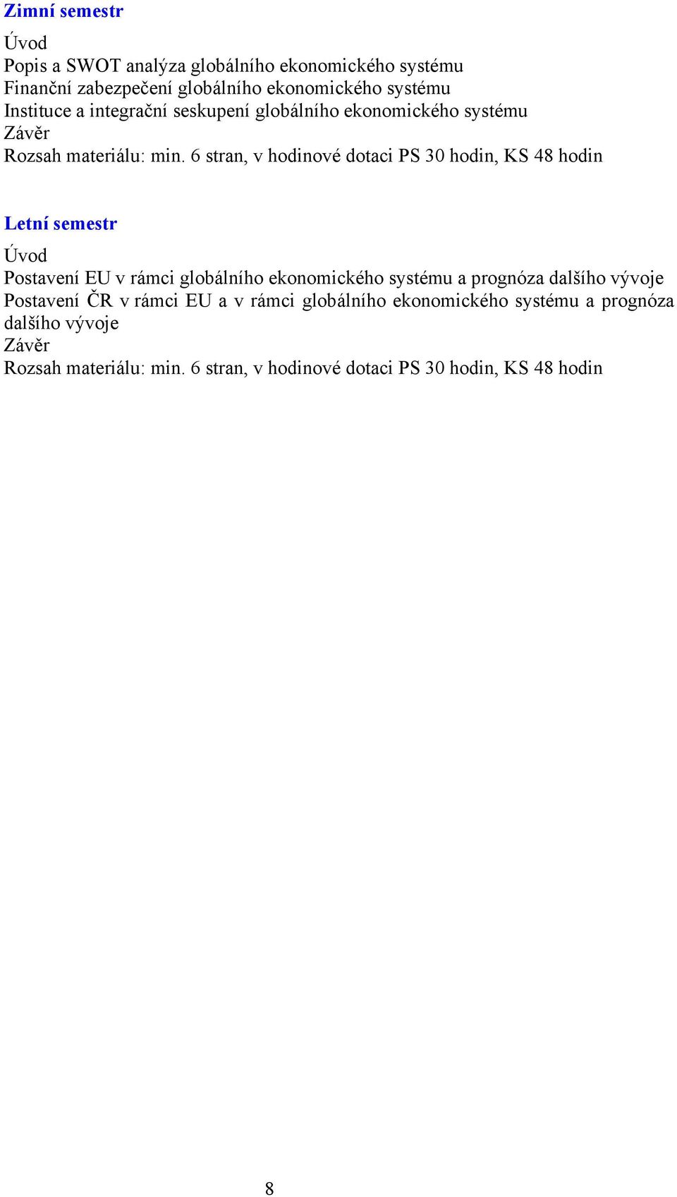 6 stran, v hodinové dotaci PS 30 hodin, KS 48 hodin Letní semestr Úvod Postavení EU v rámci globálního ekonomického systému a prognóza