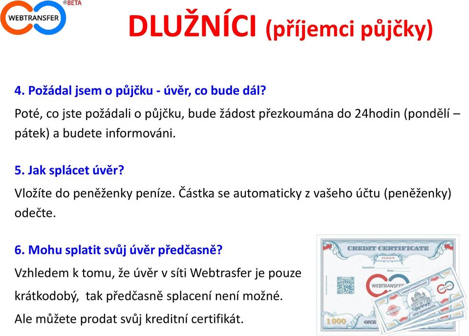 Jak splácet úvěr? Vložíte do peněženky peníze. Částka se automaticky z vašeho účtu (peněženky) odečte. 6.