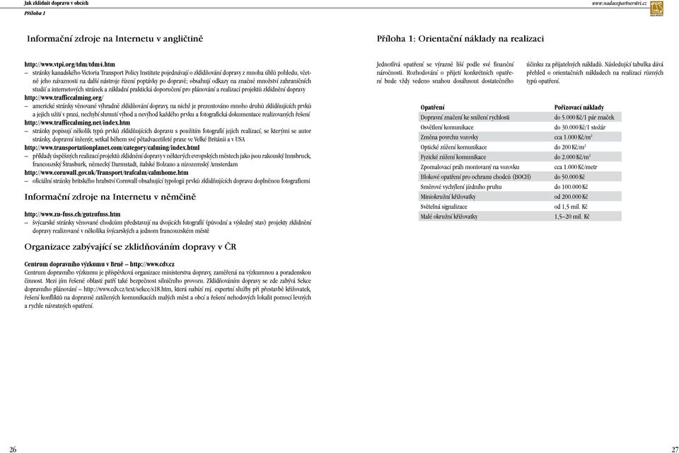 na značné množství zahraničních studií a internetových stránek a základní praktická doporučení pro plánování a realizaci projektů zklidnění dopravy http://www.trafficcalming.