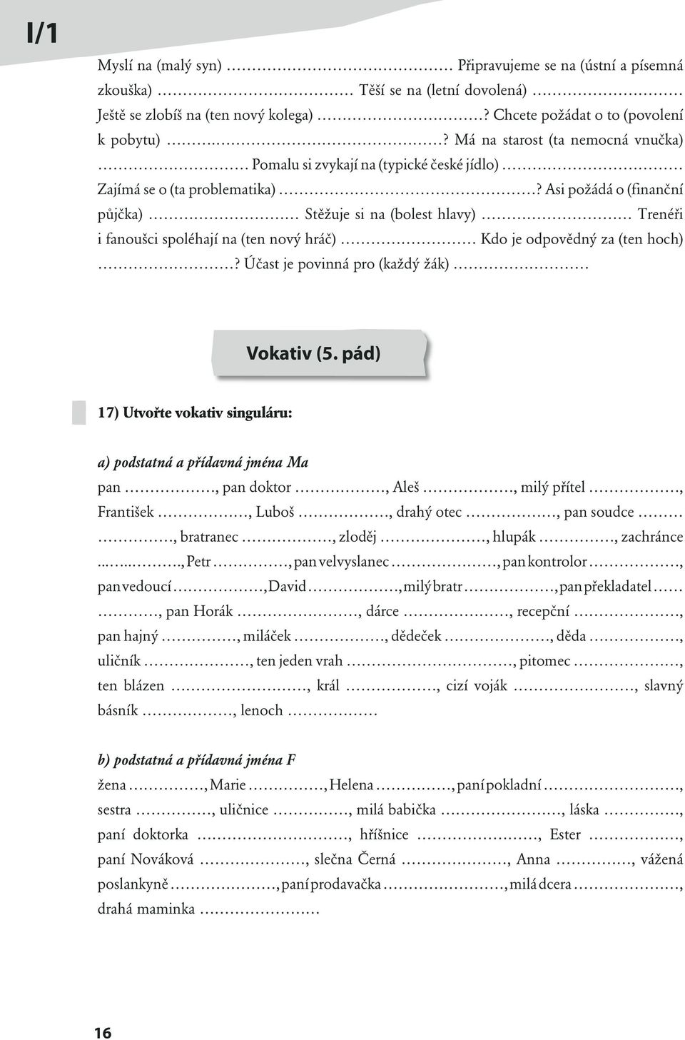 Asi požádá o (finanční půjčka) Stěžuje si na (bolest hlavy) Trenéři i fanoušci spoléhají na (ten nový hráč) Kdo je odpovědný za (ten hoch)? Účast je povinná pro (každý žák) Vokativ (5.