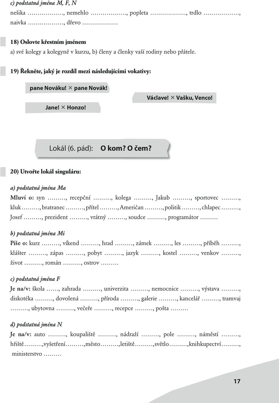 20) Utvořte lokál singuláru: a) podstatná jména Ma Mluví o: syn, recepční, kolega, Jakub, sportovec, kluk, bratranec, přítel, Američan, politik, chlapec, Josef, prezident, vrátný, soudce, programátor