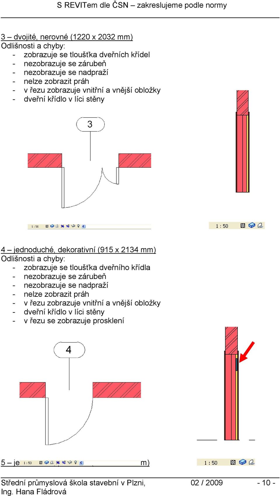 zobrazuje se tloušťka dveřního křídla - nezobrazuje se zárubeň - nezobrazuje se nadpraží - nelze zobrazit práh - v řezu zobrazuje vnitřní a vnější obložky