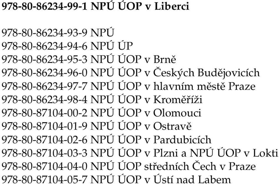 Kroměříži 978-80-87104-00-2 NPÚ ÚOP v Olomouci 978-80-87104-01-9 NPÚ ÚOP v Ostravě 978-80-87104-02-6 NPÚ ÚOP v Pardubicích