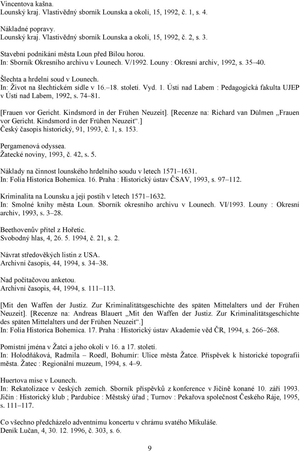 In: Život na šlechtickém sídle v 16. 18. století. Vyd. 1. Ústí nad Labem : Pedagogická fakulta UJEP v Ústí nad Labem, 1992, s. 74 81. [Frauen vor Gericht. Kindsmord in der Frühen Neuzeit].