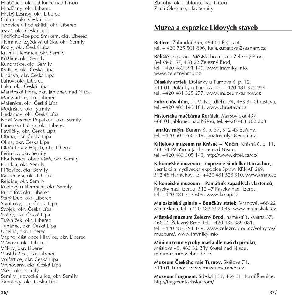 Česká Lípa Luhov, okr. Liberec Luka, okr. Česká Lípa Mariánská Hora, okr. Jablonec nad Nisou Markvartice, okr. Liberec Mařenice, okr. Česká Lípa Modřišice, okr. Semily Nedamov, okr.