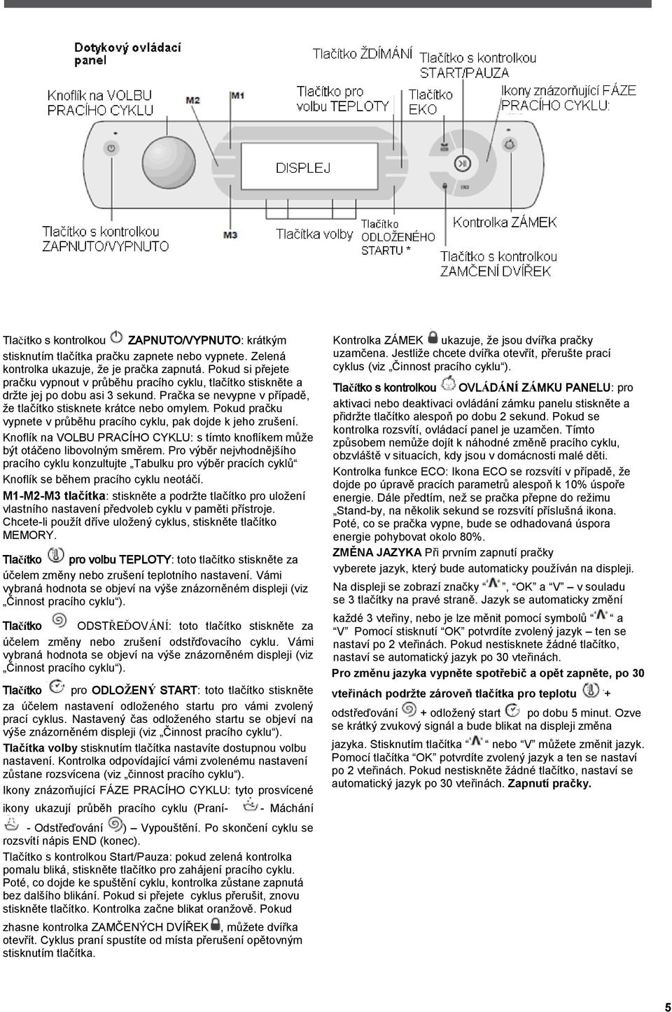 Pokud pračku vypnete v průběhu pracího cyklu, pak dojde k jeho zrušení. Knoflík na VOLBU PRACÍHO CYKLU: s tímto knoflíkem může být otáčeno libovolným směrem.