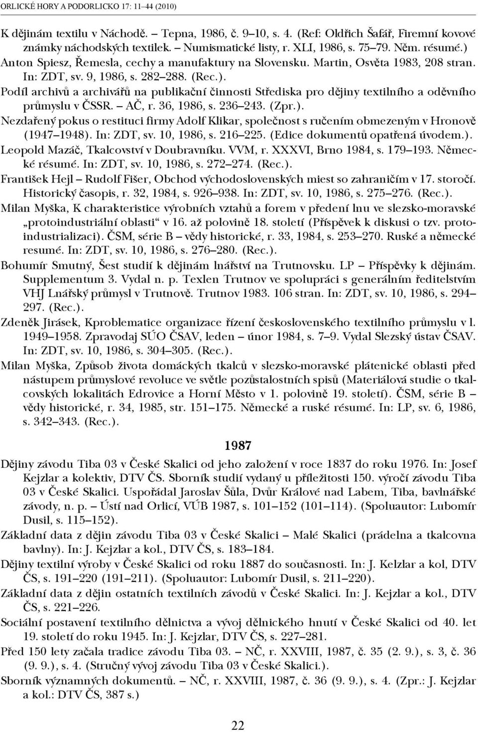 AČ, r. 36, 1986, s. 236 243. (Zpr.). Nezdařený pokus o restituci firmy Adolf Klikar, společnost s ručením obmezeným v Hronově (1947 1948). In: ZDT, sv. 10, 1986, s. 216 225.