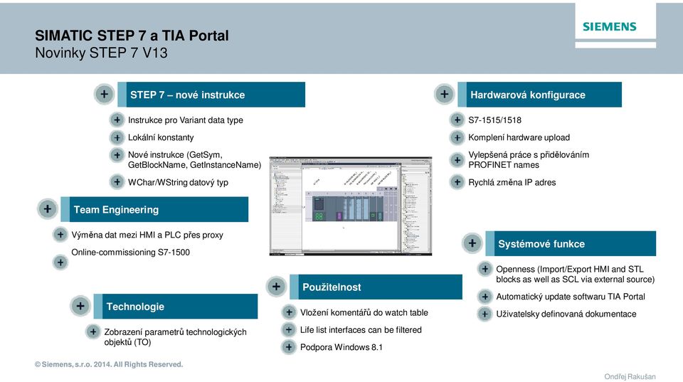 mezi HMI a PLC přes proxy Online-commissioning S7-1500 Technologie Zobrazení parametrů technologických objektů (TO) Použitelnost Vložení komentářů do watch table Life list interfaces