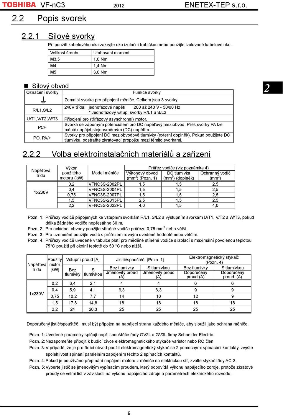 Celkem jsou 3 svorky. 240V třída: jednofázové napětí 200 až 240 V - 50/60 Hz * Jednofázový vstup: svorky R/L1 a S/L2 Připojení pro (třífázový asynchronní) motor.