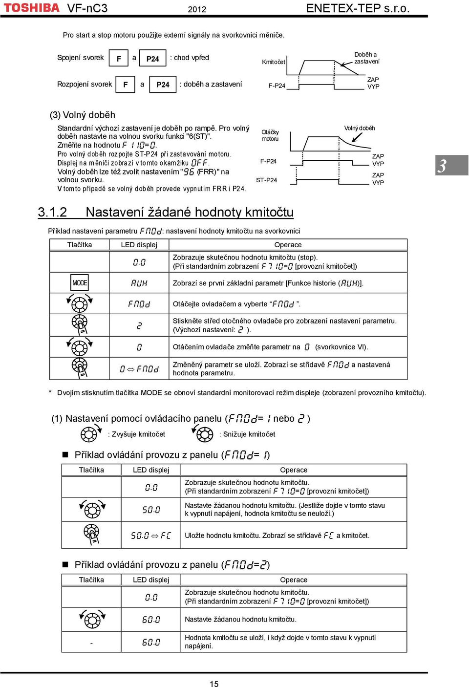 Pro volný doběh nastavte na volnou svorku funkci "6(ST)". Změňte na hodnotu F110=0. Pro volný dob ěh rozpojte ST-P24 při zastavování motoru. Displej na měniči zobrazí v tomto okamžiku OFF.