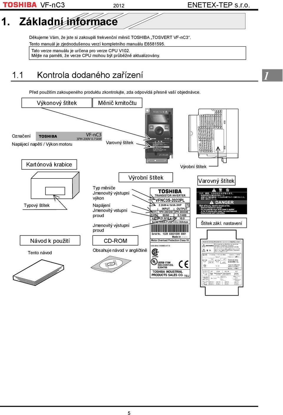 1 Kontrola dodaného zařízení 1 Před použitím zakoupeného produktu zkontrolujte, zda odpovídá přesně vaší objednávce.