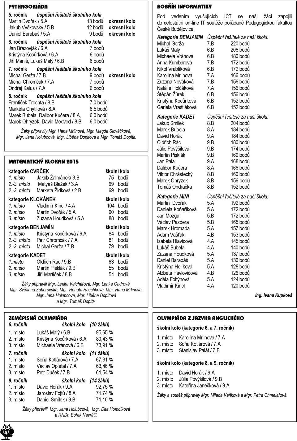 B 9 bodů okresní kolo Michal Chromčák / 7.A 7 bodů Ondřej Kalus / 7.A 6 bodů 8. ročník úspěšní řešitelé školního kola František Trochta / 8.B 7,0 bodů Markéta Chytilová / 8.
