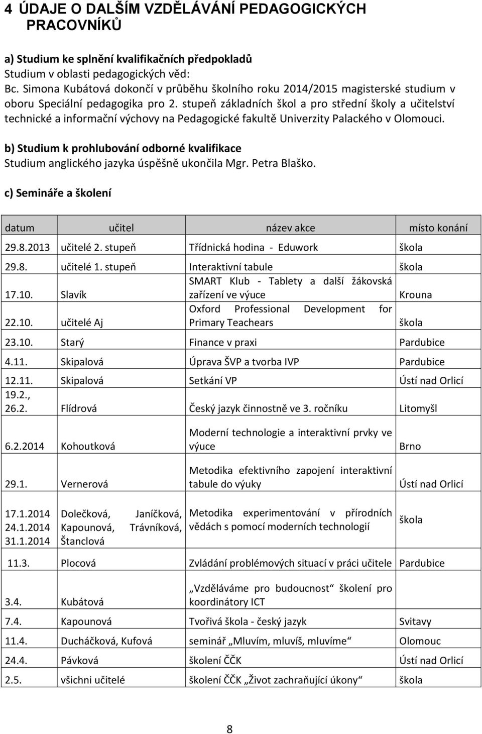 stupeň základních škol a pro střední školy a učitelství technické a informační výchovy na Pedagogické fakultě Univerzity Palackého v Olomouci.