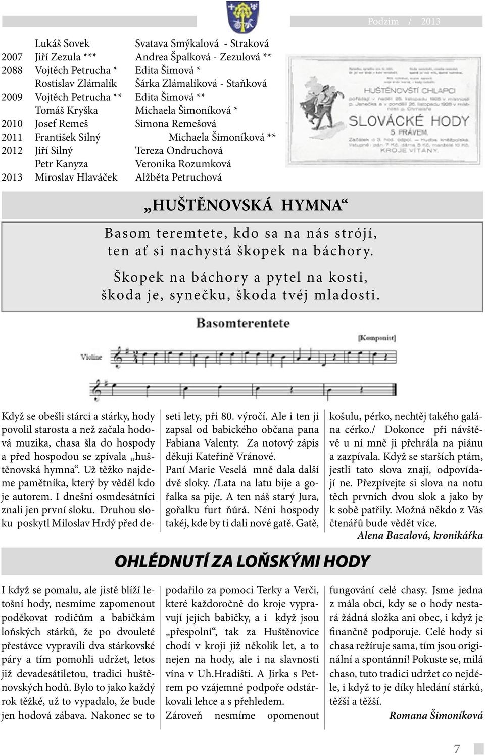 Veronika Rozumková 2013 Miroslav Hlaváček Alžběta Petruchová HUŠTĚNOVSKÁ HYMNA Basom teremtete, kdo sa na nás strójí, ten ať si nachystá škopek na báchor y.