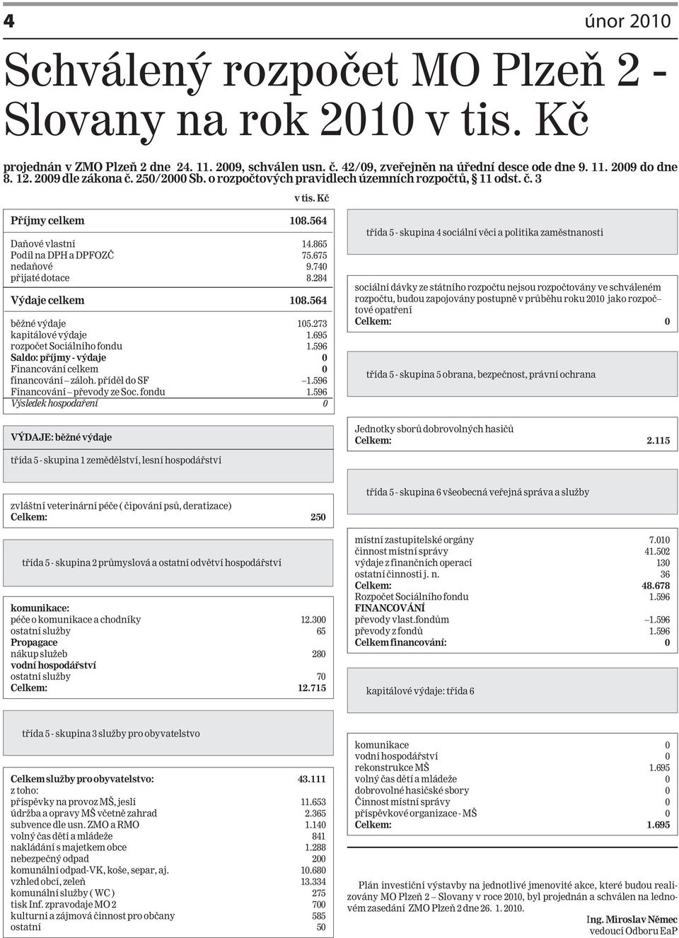 740 přijaté dotace 8.284 Výdaje celkem 108.564 běžné výdaje 105.273 kapitálové výdaje 1.695 rozpočet Sociálního fondu 1.596 Saldo: příjmy - výdaje 0 Financování celkem 0 financování záloh.