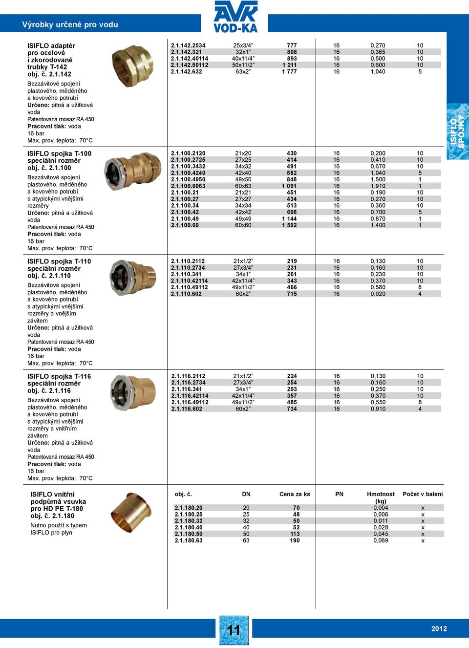 č. 2.1.100 Bezzávitové spojení plastového, měděného a kovového potrubí s atypickými vnějšími rozměry voda Pracovní tlak: voda 16 bar ISIFLO spojka T-110 speciální rozměr obj. č. 2.1.110 Bezzávitové spojení plastového, měděného a kovového potrubí s atypickými vnějšími rozměry a vnějším závitem voda Pracovní tlak: voda 16 bar ISIFLO spojka T-116 speciální rozměr obj.