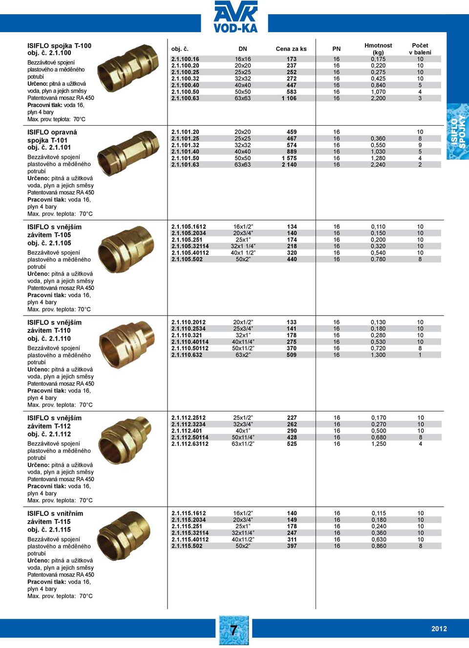 č. 2.1.110 Bezzávitové spojení plastového a měděného potrubí voda, plyn a jejich směsy Pracovní tlak: voda 16, plyn 4 bary ISIFLO s vnějším závitem T-112 obj. č. 2.1.112 Bezzávitové spojení plastového a měděného potrubí voda, plyn a jejich směsy Pracovní tlak: voda 16, plyn 4 bary ISIFLO s vnitřním závitem T-115 obj.