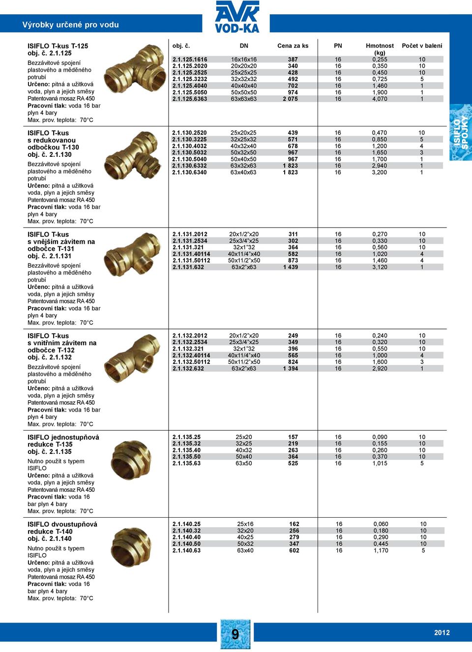 č. 2.1.130 Bezzávitové spojení plastového a měděného potrubí voda, plyn a jejich směsy Pracovní tlak: voda 16 bar plyn 4 bary ISIFLO T-kus s vnějším závitem na odbočce T-131 obj. č. 2.1.131 Bezzávitové spojení plastového a měděného potrubí voda, plyn a jejich směsy Pracovní tlak: voda 16 bar plyn 4 bary ISIFLO T-kus s vnitřním závitem na odbočce T-132 obj.