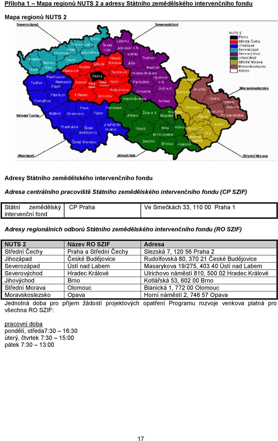 NUTS 2 Název RO SZIF Adresa Střední Čechy Praha a Střední Čechy Slezská 7, 120 56 Praha 2 Jihozápad České Budějovice Rudolfovská 80, 370 21 České Budějovice Severozápad Ústí nad Labem Masarykova