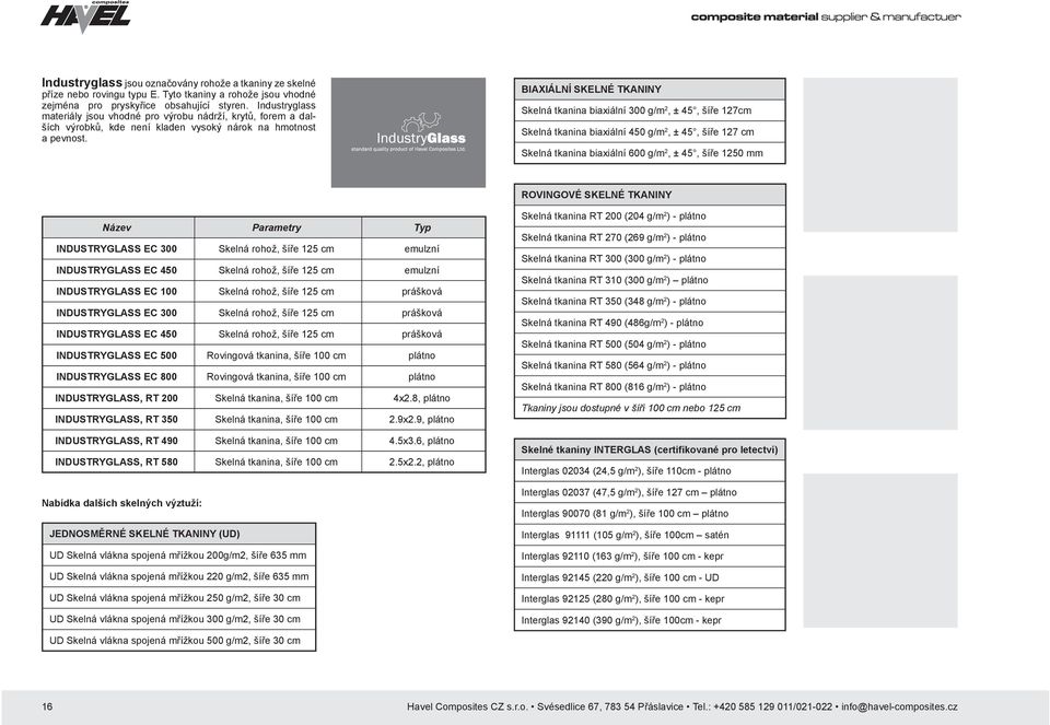 BIAXIÁLNÍ SKELNÉ TKANINY Skelná tkanina biaxiální 300 g/m 2, ± 45, šíře 127cm Skelná tkanina biaxiální 450 g/m 2, ± 45, šíře 127 cm Skelná tkanina biaxiální 600 g/m 2, ± 45, šíře 1250 mm ROVINGOVÉ