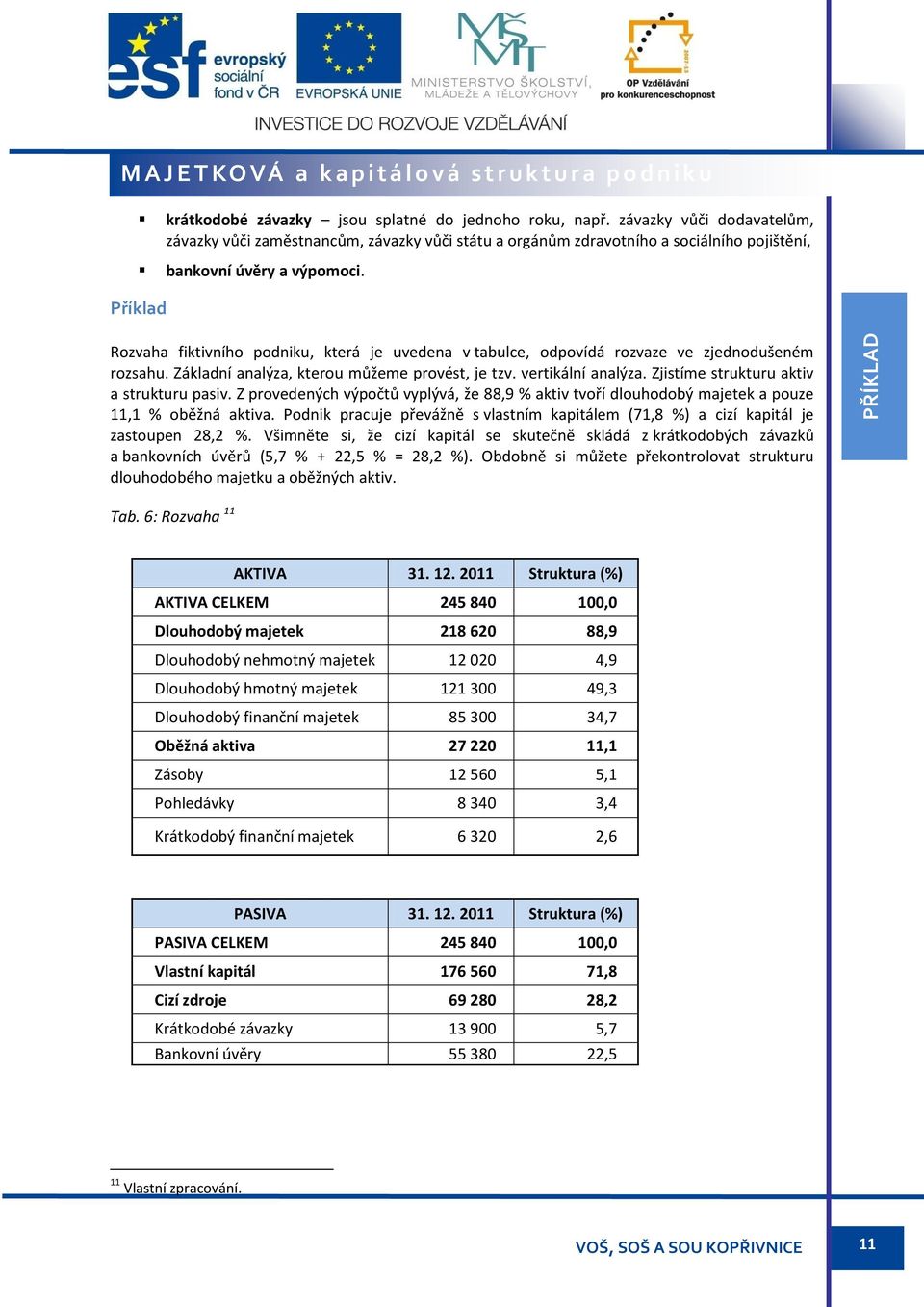 Příklad Rozvaha fiktivního podniku, která je uvedena v tabulce, odpovídá rozvaze ve zjednodušeném rozsahu. Základní analýza, kterou můžeme provést, je tzv. vertikální analýza.