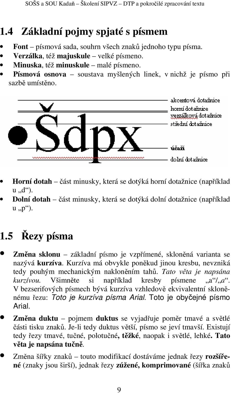 Dolní dotah část minusky, která se dotýká dolní dotažnice (například u p ). 1.5 Řezy písma Změna sklonu základní písmo je vzpřímené, skloněná varianta se nazývá kurzíva.