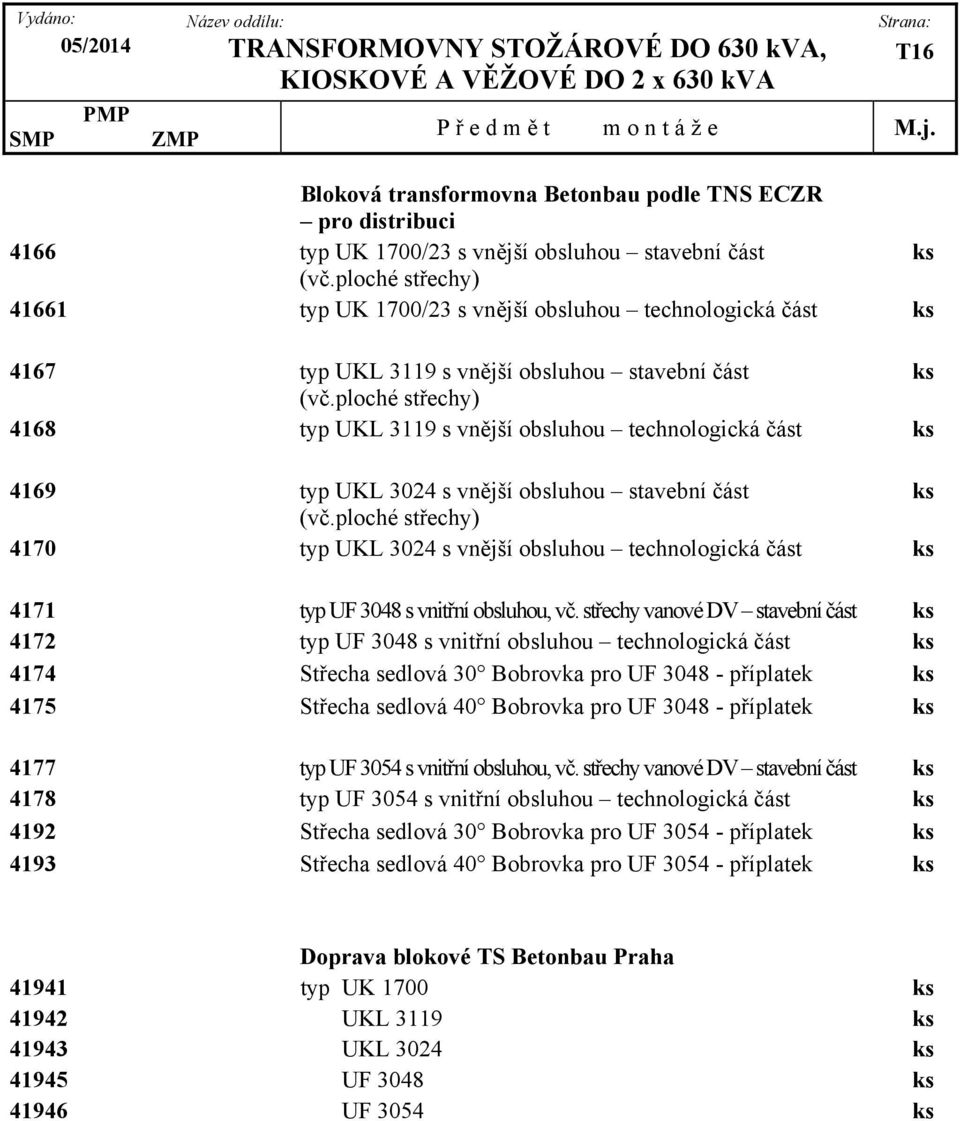 ploché střechy) 4168 typ UKL 3119 s vnější obsluhou technologická část ks 4169 typ UKL 3024 s vnější obsluhou stavební část ks (vč.