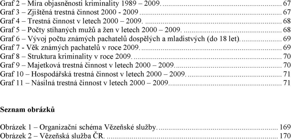 ... 69 Graf 7 - Věk známých pachatelů v roce 2009.... 69 Graf 8 Struktura kriminality v roce 2009.... 70 Graf 9 Majetková trestná činnost v letech 2000 2009.