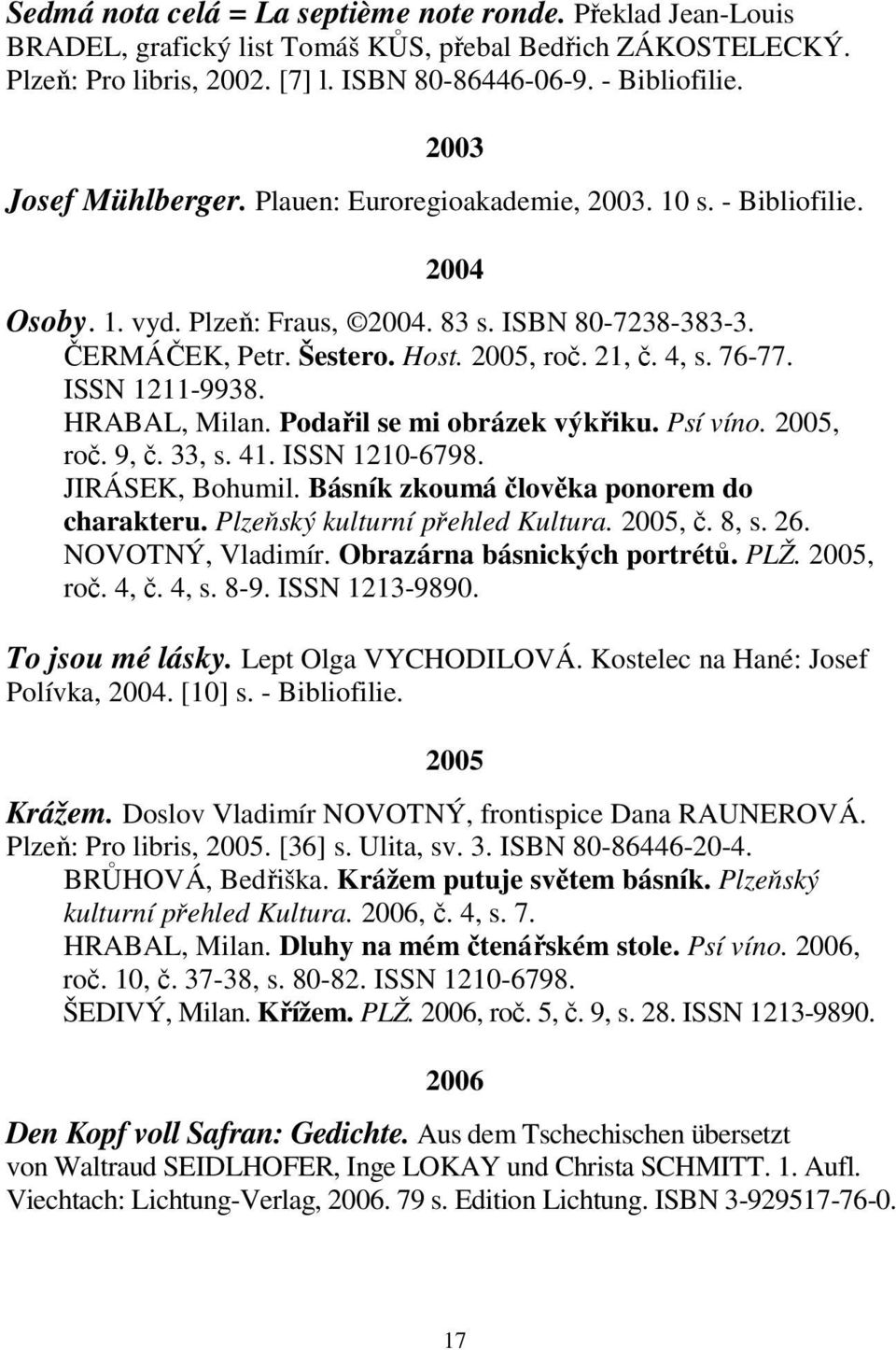 76-77. ISSN 1211-9938. HRABAL, Milan. Podařil se mi obrázek výkřiku. Psí víno. 2005, roč. 9, č. 33, s. 41. ISSN 1210-6798. JIRÁSEK, Bohumil. Básník zkoumá člověka ponorem do charakteru.