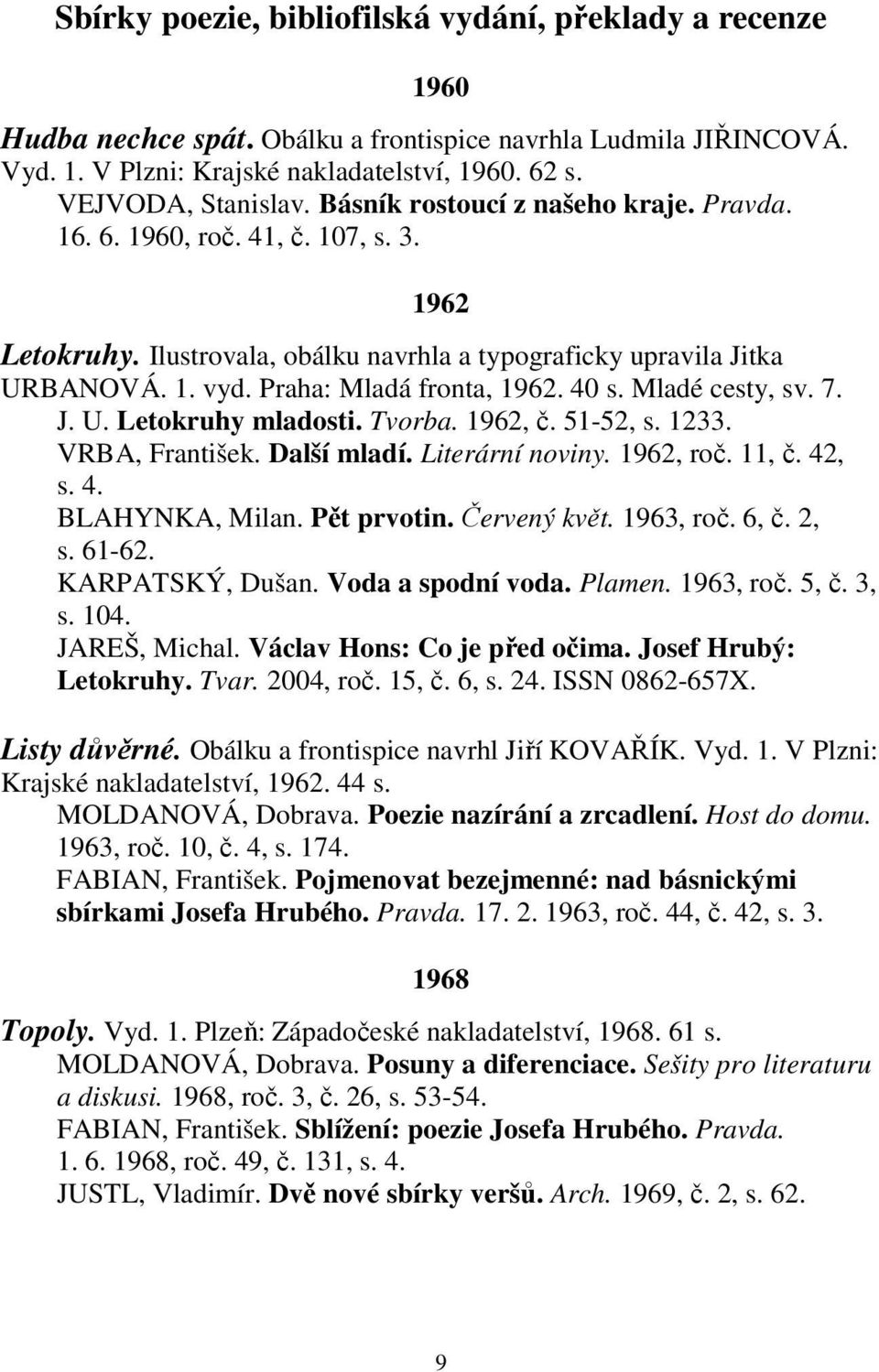 Mladé cesty, sv. 7. J. U. Letokruhy mladosti. Tvorba. 1962, č. 51-52, s. 1233. VRBA, František. Další mladí. Literární noviny. 1962, roč. 11, č. 42, s. 4. BLAHYNKA, Milan. Pět prvotin. Červený květ.