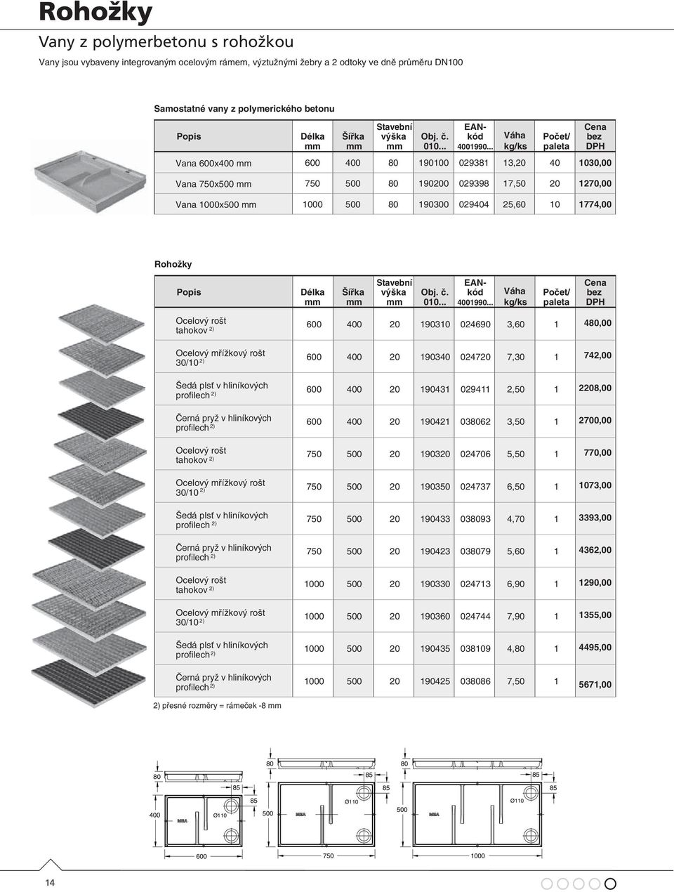 .. Vana 600x400 600 400 80 190100 029381 13,20 40 1030,00 Vana 750x500 750 500 80 190200 029398 17,50 20 1270,00 Vana 1000x500 1000 500 80 190300 029404 25,60 10 1774,00 Rohožky Délka Šířka Stavební .