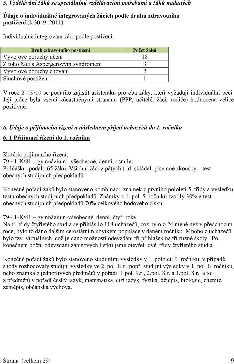 postižení 1 V roce 2009/10 se podařilo zajistit asistentku pro oba žáky, kteří vyžadují individuální péči.